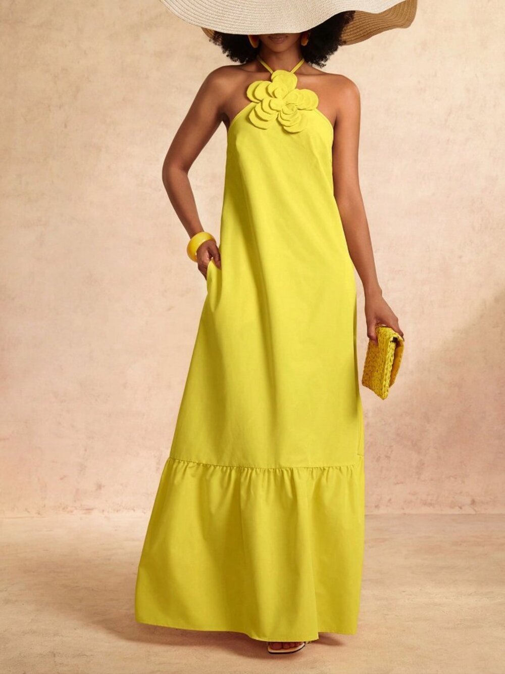 Yellow Casual Women's Halter Tie-Up 3D Floral Decor Open Back A-Line Dress - Picture 4 of 8